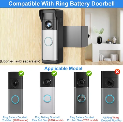 Vista 2 de Soporte antirrobo para timbre compatible con Ring 2026 Battery Doorbell/Plus/Pro, sin taladro, soporte inalámbrico para cámara de video con cubierta
