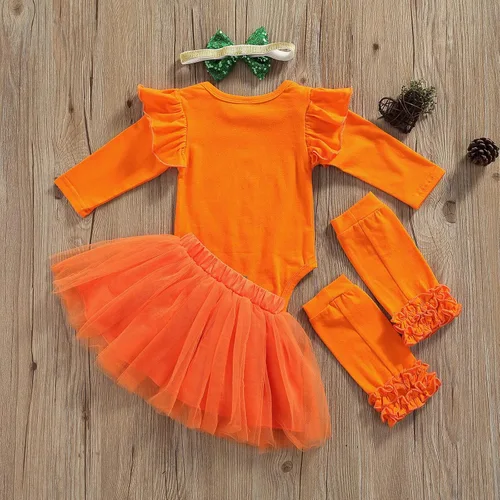 Vista 4 de Conjunto de 4 piezas de Halloween para bebés y niñas de manga larga de malla con falda de burbujas leggings