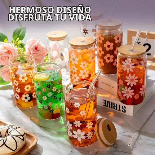 Vista 6 de Meekoo - 8 tazas de vidrio de Navidad, tapas de bambú, pajitas de 16 onzas