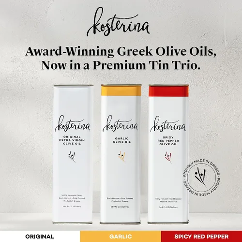 Vista 2 de Kosterina Trío de aceite de oliva – Pimiento rojo picante, ajo y AOVE original Fabricado con aceite de oliva griego rico en polifenoles, prensado