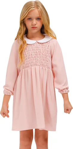 Vista 2 de BesserBay Vestido midi fruncido rosa con cuello Peter Pan para niña de 4 a 14 años
