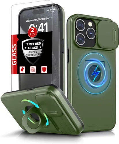 Vista 30 de Funda magnética para iPhone 11 Pro compatible con carga inalámbrica MagSafe, con 2 protectores de pantalla, anillo kickstand de 360° integrado +
