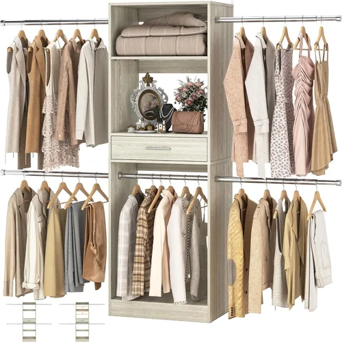 Vista 10 de Unikito Sistema de armario de 8 pies con espejo, kit organizador de armario de 96 pulgadas con cajones y 3 varillas extensibles para colgar