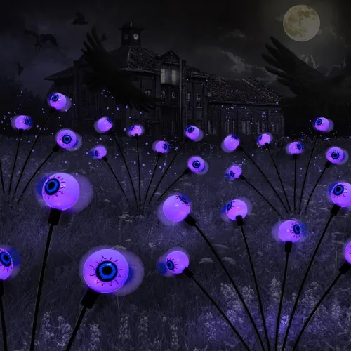 Vista 9 de BeHiller Decoraciones de Halloween para exteriores, luces solares de ojos aterradoras, 2 paquetes de 12 luces LED de globo ocular verde, luces