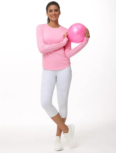 Vista 3 de THE GYM PEOPLE Camisas de entrenamiento de manga larga para mujer, atléticas, cuello redondo, senderismo, con agujero para el pulgar
