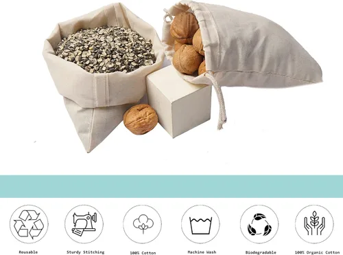 Vista 7 de Bolsas de muselina de algodón, 100% algodón orgánico con doble cordón. Bolsas de muselina natural reutilizables de alta calidad ecológicas