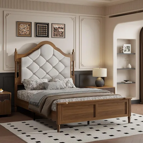 Vista 3 de Full Size Bed Frame with 57 in High Headboard,Solid Pine Wood Platform Bed with Victorian Button Tufted Headboard No Box Spring Needed Noise Free