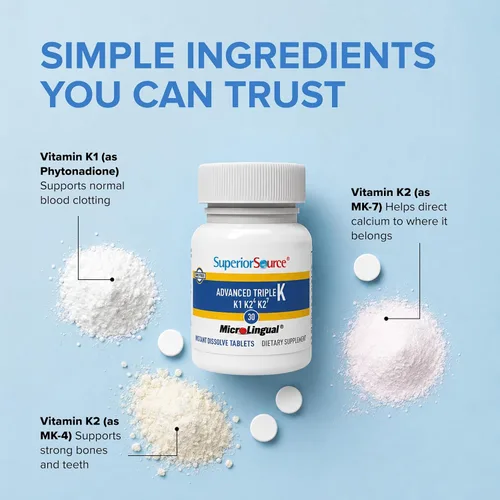 Vista 5 de Superior Source Triple K, fórmula 3 en 1, MK-4 500 mcg, MK-7 50 mcg, K1 500 mcg, tabletas microlignuales de disolución rápida, 30 unidades, huesos