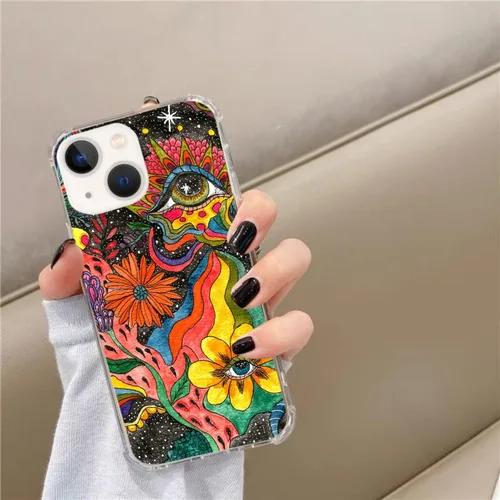 Vista 2 de Trippy - Funda psicodélica para iPhone 15, diseño de flores de arte hippie con ojos, para niñas, mujeres, niños, hombres, funda de TPU única