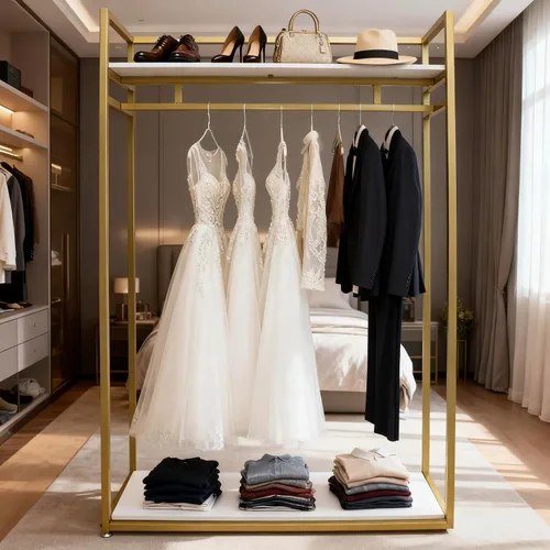 Vista 9 de Estante de ropa de 71 pulgadas con estantes, estante para vestidos de boda, estante de exhibición de ropa al por menor, resistente comercial