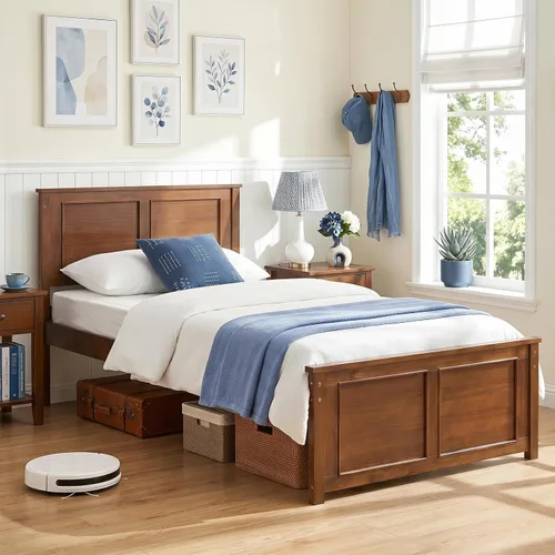 Vista 3 de KOMFOTT Twin Size Bed Frame, Farmhouse Wooden Platform Bed with Headboard Nogal