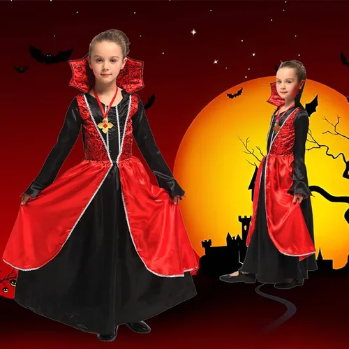 Vista 6 de Ditard Girls Halloween Vampire Costume Vampiress Dress Deluxe Outfits Kids Dress Up Cosplay Child Queen Party Carnival