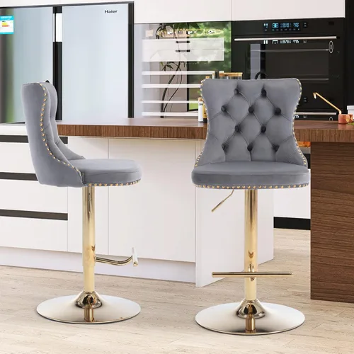 Vista 193 de SoarFlash Juego de 2 taburetes de bar tapizados de terciopelo moderno con patas de madera, botones acolchados, cabeza de clavo cromada, asiento