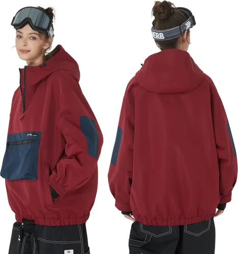 Vista 5 de SNOWVERB Chaqueta de snowboard impermeable holgada con aislamiento y bolsillos tipo cargo con capucha y a prueba de viento para hombres y mujeres