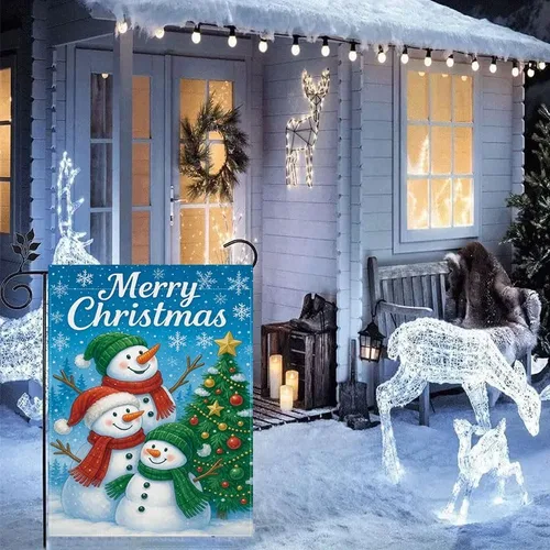 Vista 5 de Bandera de jardín de Navidad ActFirst de 12 x 18 pulgadas, bandera de muñeco de nieve de familia de Navidad Feliz con árbol, pequeña decoración