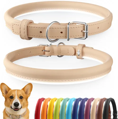 Vista 13 de CollarDirect - Collar de cuero enrollado para perro, collar redondo acolchado suave para cachorro, collar de cuero auténtico hecho a mano