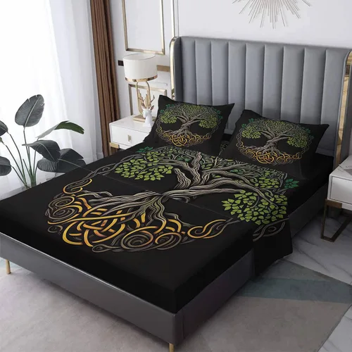 Vista 8 de Juego de sábanas de tamaño individual con diseño de árbol de la vida, sábanas de microfibra suave y bolsillo profundo, sábanas y fundas de almohada