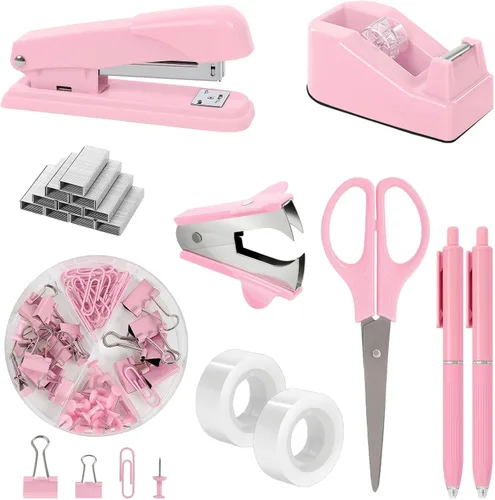 Vista 13 de SKYDUE Juego de suministros de oficina negros, accesorios de escritorio negros, grapadora, dispensador de cinta, tijeras, carpeta/clips de papel