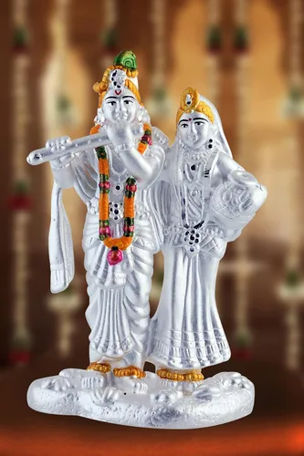 Vista 2 de Radha Krishna - Estatua de plata pura 990, 35 a 40 GMS de Murti colorido para el hogar Pooja