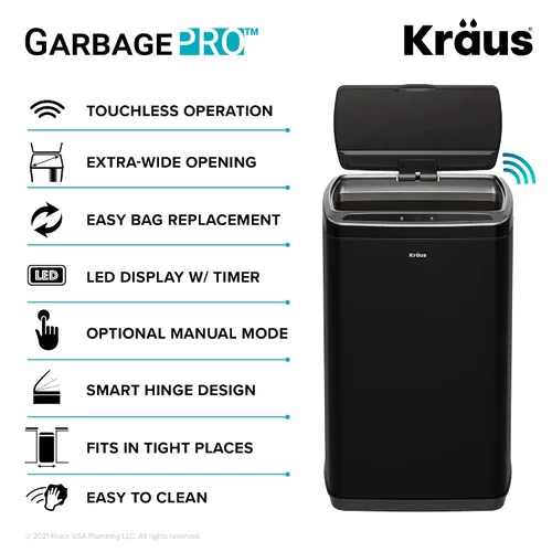 Vista 15 de Kraus GarbagePro Bote de basura rectangular de 13 galones manos libres con sensor de movimiento operado por batería en acabado negro mate con tapa