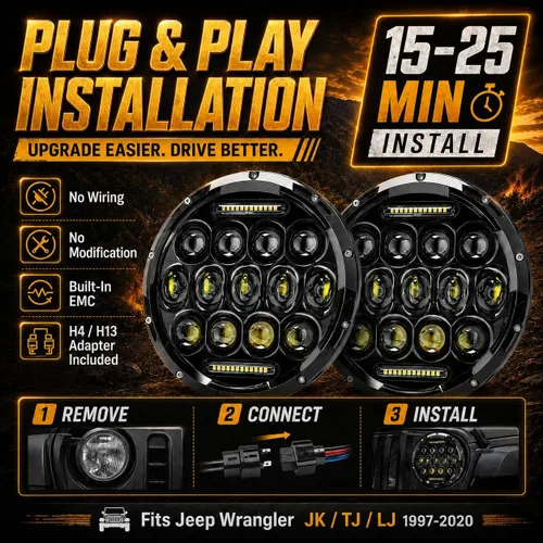 Vista 8 de JHLion - Faros delanteros LED de Jeep Wrangler, 7 pulgadas para Jeep Wrangler JK/TJ/LJ 1997-2020, 150W, faros redondos LED aprobados por DOT, 500%