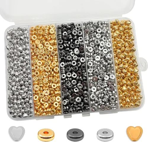 Vista 10 de 6 mm de cuentas espaciadoras planas redondas, 1480 piezas (280 redondas) - Oro, Plata, Negro - Plástico recubierto de cobre - Kit de fabricación
