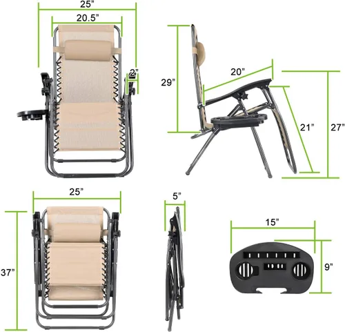 Vista 2 de Juego de 4 sillas reclinables de gravedad cero de malla de acero para acampar al aire libre con reposapiés, ajustable, almohada, bandeja, beige