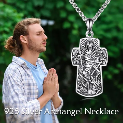 Vista 6 de YAFEINI Collar de plata de ley S925 de San MiguelSan CristóbalSan BenitoSan Jesús Medalla Cruz Collar para hombres y mujeres Arcángel RagüelUriel