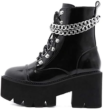 Vista 7 de Starella Botines góticos de plataforma para mujer, tacón de bloque, con cordones, botines de motocicleta de combate con cadena