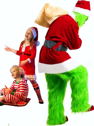 Vista 8 de Christmas Green Monster Costume Adult, 8PCS Green Santa Suit Deluxe Furry Santa Costume Set Luxury Santa Outfit