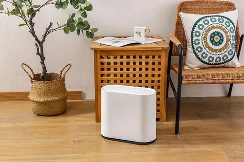 Vista 8 de KLGO Basurero de plástico delgado de 10 litros con tapa, canasta de basura de doble barril de 2.4 galones, contenedor de basura rectangular