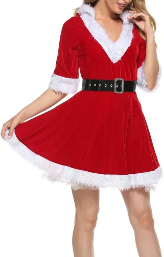 Vista 4 de Luckinbaby Disfraz de Mrs Claus de 2 piezas para mujer vestido de Navidad de manga larga con capucha vestido de Papá Noel para fiesta cosplay traje