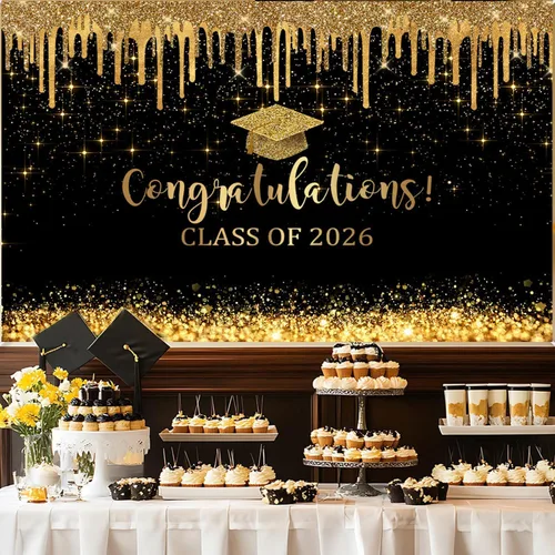 Vista 3 de Mocsicka Fondo de graduación de 7 x 5 pies 2026, decoraciones de graduación negro y dorado, pancarta de felicitaciones de graduación 2026, fondo