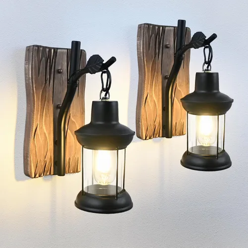Vista 8 de Lámparas de pared rústicas, apliques de pared vintage, juego de 2 lámparas de madera antigua de granja con iluminación interior de vidrio