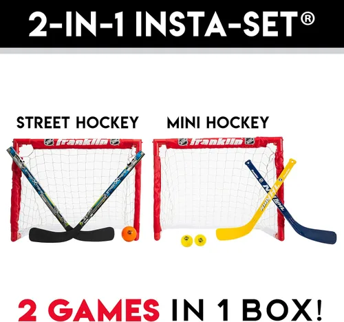 Vista 6 de Franklin Sports - Juego de porterías plegables para niños de hockey NHL - (2) porterías de hockey callejero y de rodilla - (2) palos de hockey
