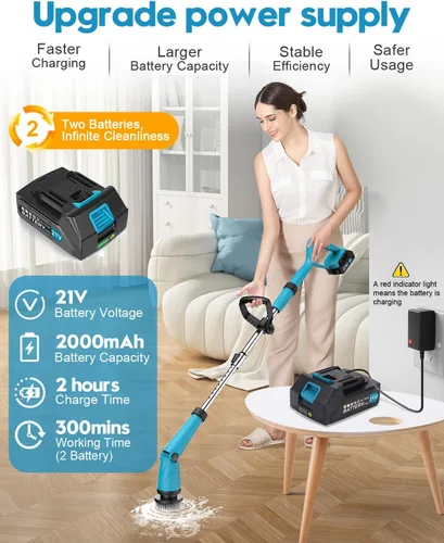 Vista 3 de Limpiador eléctrico giratorio con batería de 1500 RPM actualizado con asa, 8 fregadores de ducha reemplazables y 2 cepillos de limpieza a batería