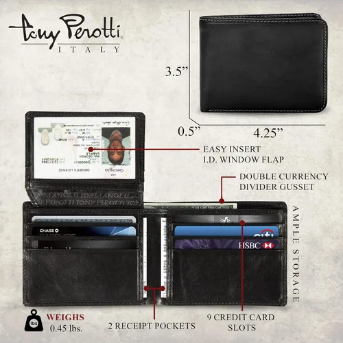 Vista 2 de Tony Perotti Men's Italian Leather Bifold Wallet With ID Window Flap, Card Holders, Pockets - Eco-Friendly Vegetable-Tanned