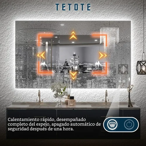 Vista 4 de TETOTE - Espejo retroiluminado para baño con luz, botón táctil regulable y función antivaho (horizontal o vertical)