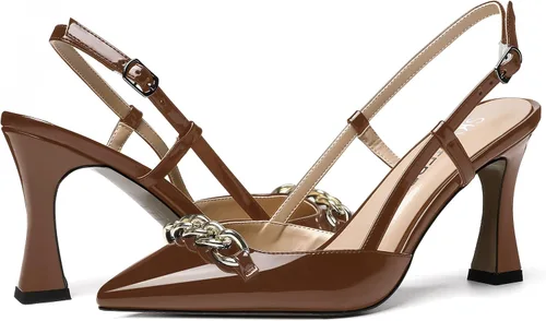 Vista 6 de SKYSTERRY Zapatos de tacón alto con punta puntiaguda casual de metal para mujer, con patente de patente de 3.3 pulgadas