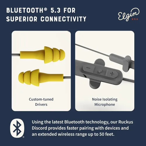 Vista 6 de Auriculares Elgin Ruckus inalámbricos Bluetooth con protección auditiva, 25 dB NRR, micrófono con cancelación de ruido, batería de 12 horas, a