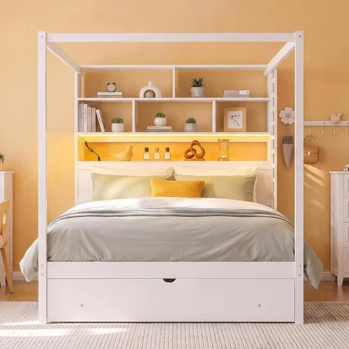 Vista 22 de Cama de plataforma con dosel de 4 pósteres de tamaño matrimonial con cabecero de listones verticales Negro-8.1