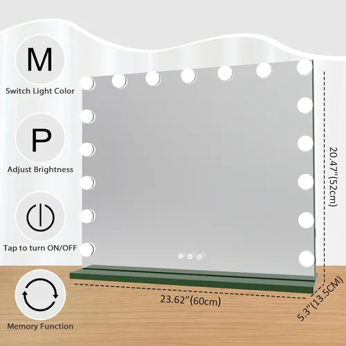 Vista 2 de HOMPEN Hollywood Vanity Mirror Makeup Mirror with Lights, Touch Screen, 3 Color Modes Frameless Tabletop Mirror with 17 Dimmable Bulbs, Green