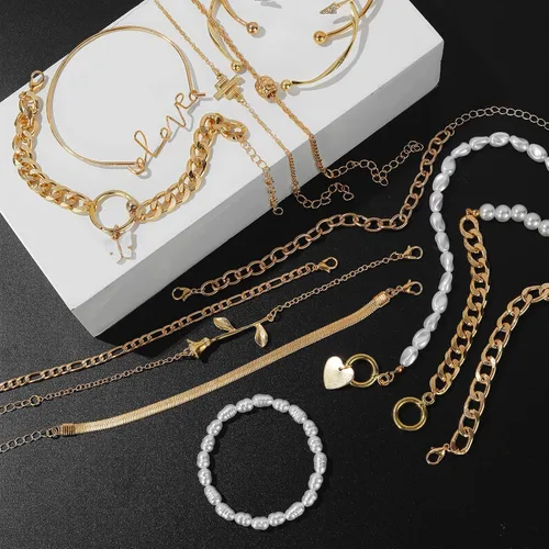 Vista 8 de IFKM Juego de 6 pulseras de cadena de oro bohemio para mujer, chapado en oro de 14 quilates, múltiples capas, apilables, abiertas, con eslabones