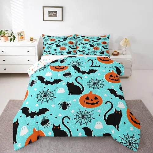 Vista 28 de Feelyou Juego de edredón de Halloween, color rosa fantasma, juego de ropa de cama tamaño individual, decoración para niños y niñas, lindo juego