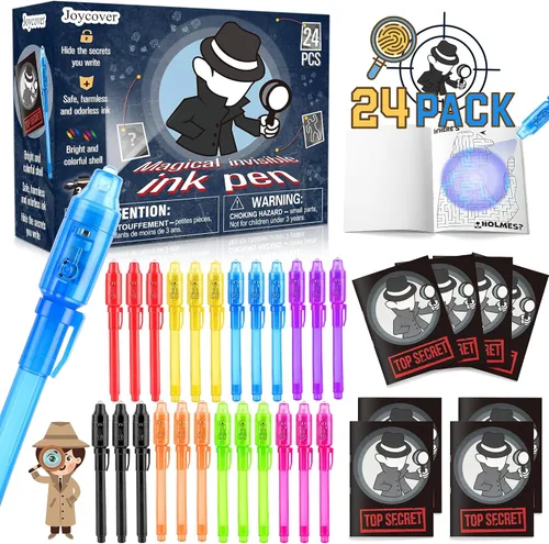 Vista 8 de Joycover 12 bolígrafos de tinta invisible con luz UV para niños, bolígrafos espía y cuaderno, recuerdos de fiesta de cumpleaños para niños de 4 a 8