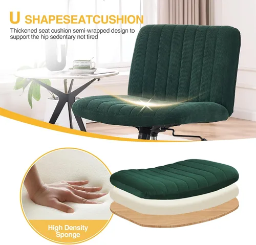 Vista 5 de Silla de escritorio sin reposabrazos, sin ruedas, silla de oficina tapizada de terciopelo ancho, patas cruzadas, asiento grande, altura ajustable