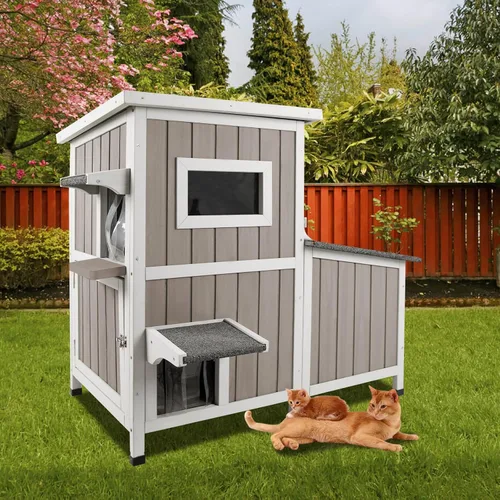 Vista 8 de Gowoodhut Casa para Gatos de Exterior de 36.1" de Largo, Refugio de Madera para Gatos de Exterior de 2 Pisos con 3 Puertas de Escape, Casa de Madera
