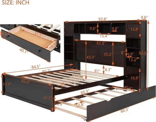 Vista 2 de Versátil cama de plataforma de madera tamaño Queen con armario y nido todo en uno, estante y enchufes, para niños, adolescentes y adultos, uso