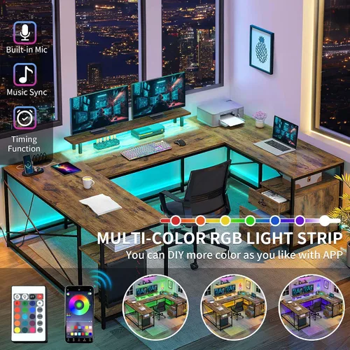 Vista 5 de DWVO Escritorio en forma de U con cajones, escritorio reversible en forma de L de 79 pulgadas con tomas de corriente y luces LED, escritorio