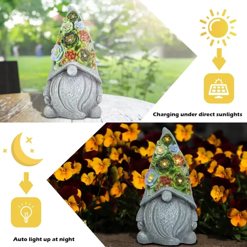 Vista 4 de Estatuas solares de jardín con suculentas y luces LED, estatuas de gnomos de jardín para patio, exterior, patio, balcón, jardinería, inauguración